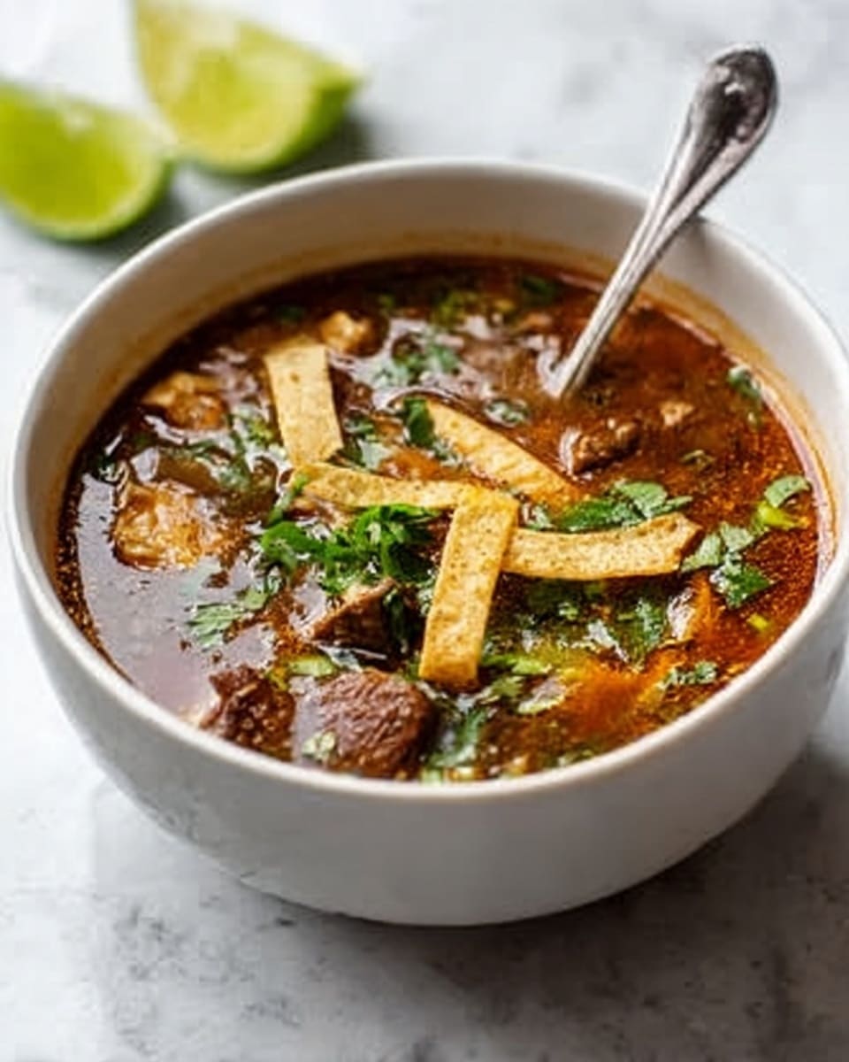 A white bowl filled with a rich, dark brown soup with visible chunks of meat and slices of green herbs floating on top. Layered in the soup are thin, pale yellow strips of tortilla, slightly soft and soaking in the broth. A silver spoon rests inside the bowl, angled outwards, and in the background, a lime wedge sits on the white marbled surface. The overall look is warm, hearty, and fresh. photo taken with an iphone --ar 4:5 --v 7