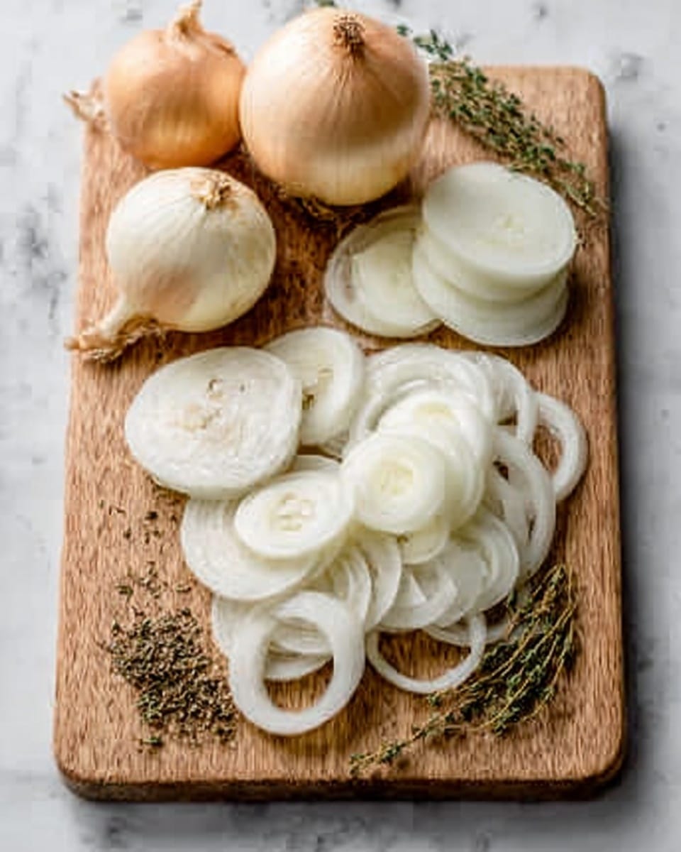 The image shows a wooden board on a white marbled surface. On the board, there are several whole onions and many slices of onion arranged in small piles. The onion slices are white with a slightly translucent look, and their thin layers are clearly visible. Some onion rings are stacked together, while whole onions and dried herbs like thyme are also placed around the board. The overall colors are mainly shades of white and light yellow from the onions, with green from the herbs. photo taken with an iphone --ar 4:5 --v 7