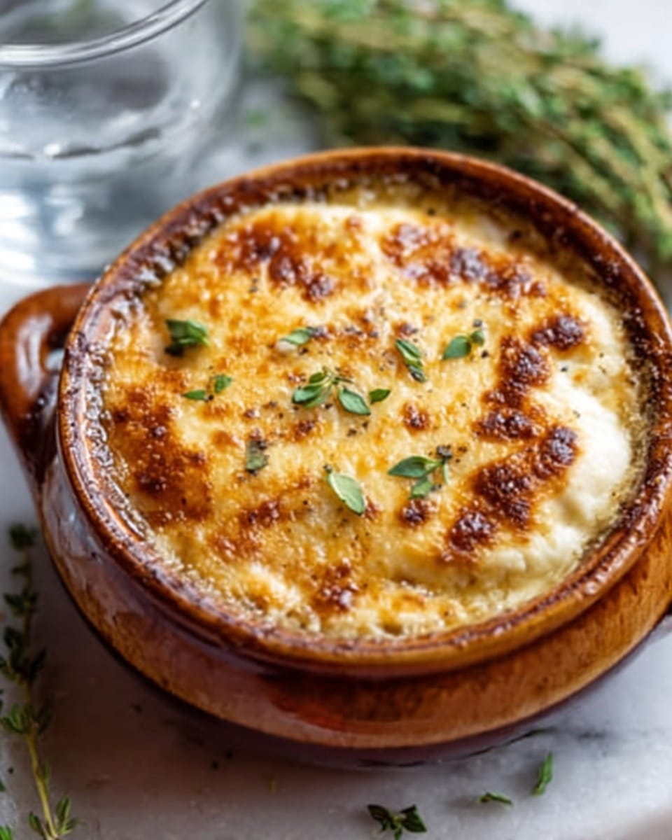 A close-up view of a round ceramic brown bowl filled with baked cheese that is golden and browned on top, showing a bubbly and slightly crisp texture. Small green fresh herb leaves are sprinkled on the cheese's surface for color contrast. The bowl is sitting on a white marbled surface, with a blurred bunch of green herbs and a clear glass of water visible in the background. Photo taken with an iphone --ar 4:5 --v 7