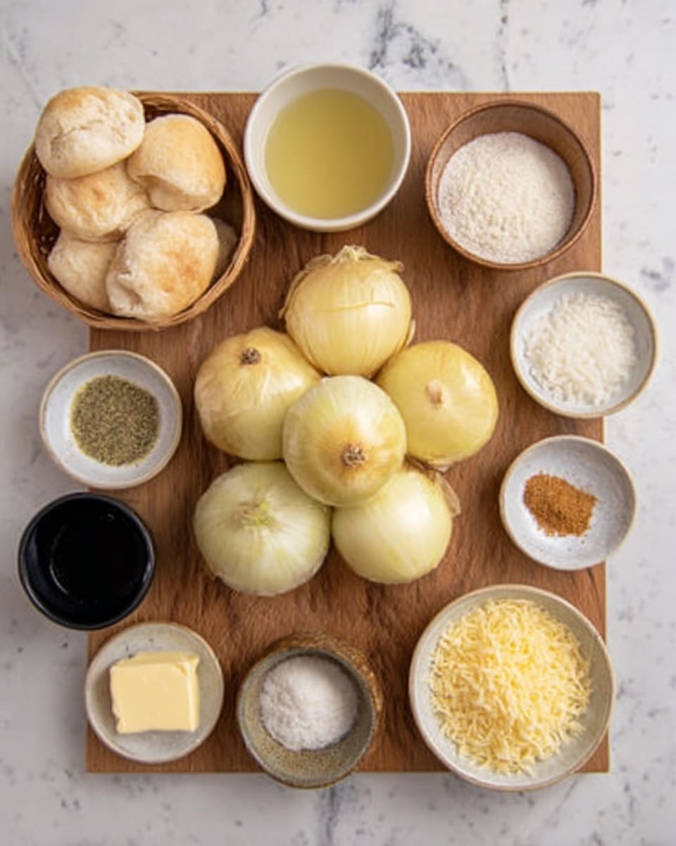The image shows a wooden board with several ingredients arranged neatly. In the center, there are seven whole yellow onions clustered together. Around them, there are small white bowls holding different ingredients: a cup of light yellow liquid, white granulated sugar, white flour, grated yellow cheese, a brown spice in a tiny bowl, and a small bowl with a green herb. There is also a small black drink cup, a bowl with pale yellow butter, and a small basket filled with white bread rolls on the left side. The scene is viewed from above on a white marbled surface. Photo taken with an iphone --ar 4:5 --v 7