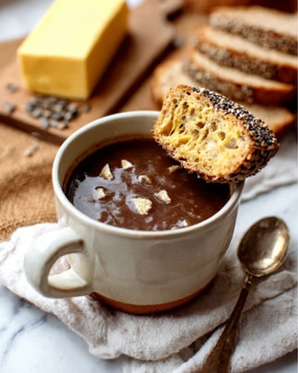 The image shows a white cup filled with dark brown soup with small pieces floating in it, sitting on a white cloth beside a white marbled surface. A slice of bread with a crust speckled with seeds rests on the edge of the cup, partly dipped into the soup. In the background, there is a wooden cutting board with more slices of seeded bread and a yellow block of butter. The scene has a warm, cozy feeling. Photo taken with an iphone --ar 4:5 --v 7