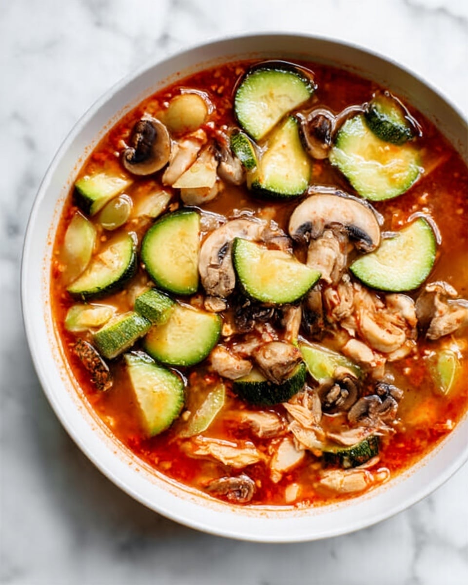 A white bowl filled with a bright red broth soup, containing sliced light green zucchini pieces, brown and white sliced mushrooms, and small torn pieces of light beige chicken. The soup looks hot and fresh, with a clear, shiny surface and visible steam. The bowl is placed on a white marbled surface. photo taken with an iphone --ar 4:5 --v 7