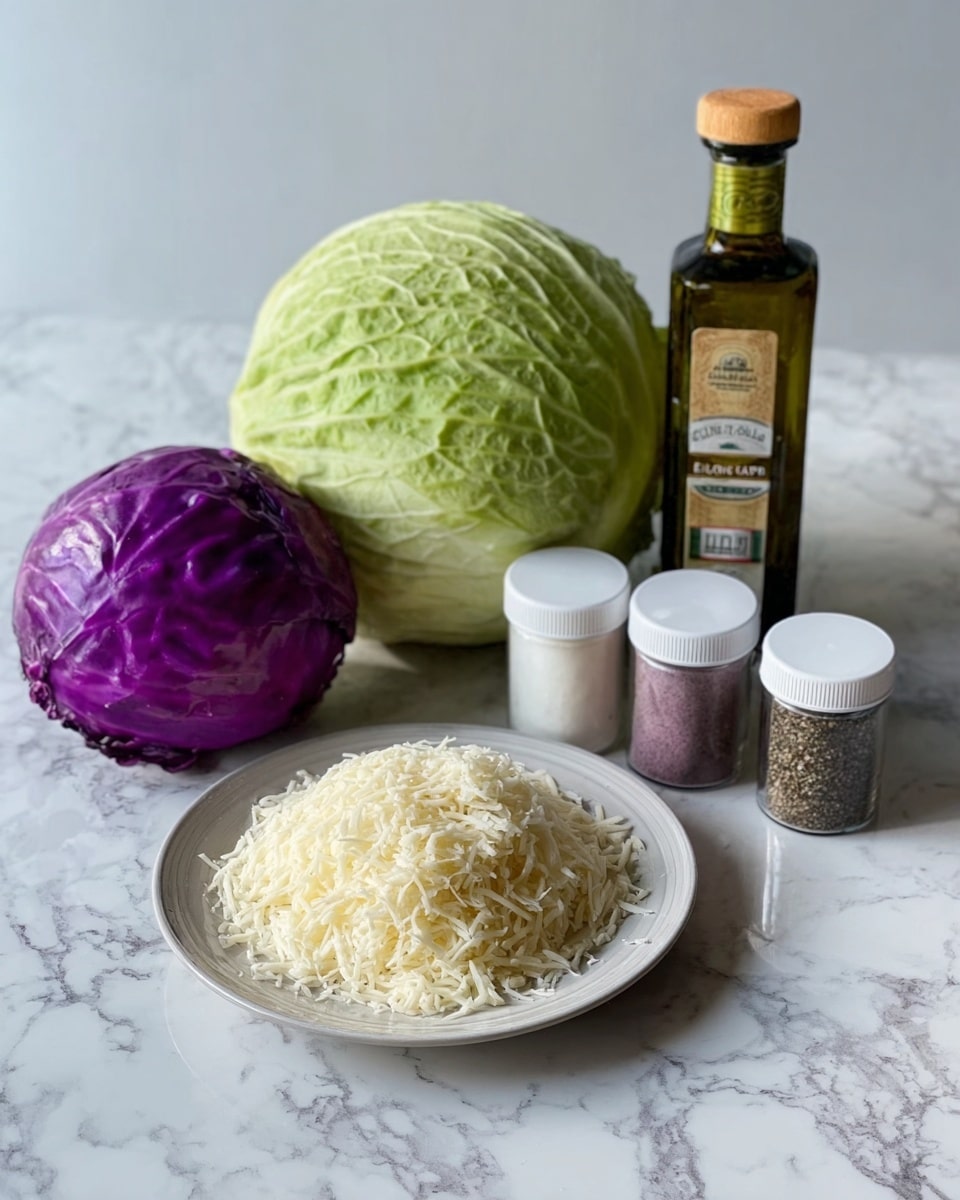 The image shows a kitchen countertop with a white marbled texture. On it, there is a whole green cabbage and a whole purple cabbage placed side by side. In front of them, there is a white plate filled with a mound of shredded white cheese. Next to the plate, there is a bottle of olive oil and two jars with white lids, one labeled as a seasoning container and the other as a spice jar. The scene is clear and bright, with all items placed neatly on the surface. photo taken with an iphone --ar 4:5 --v 7