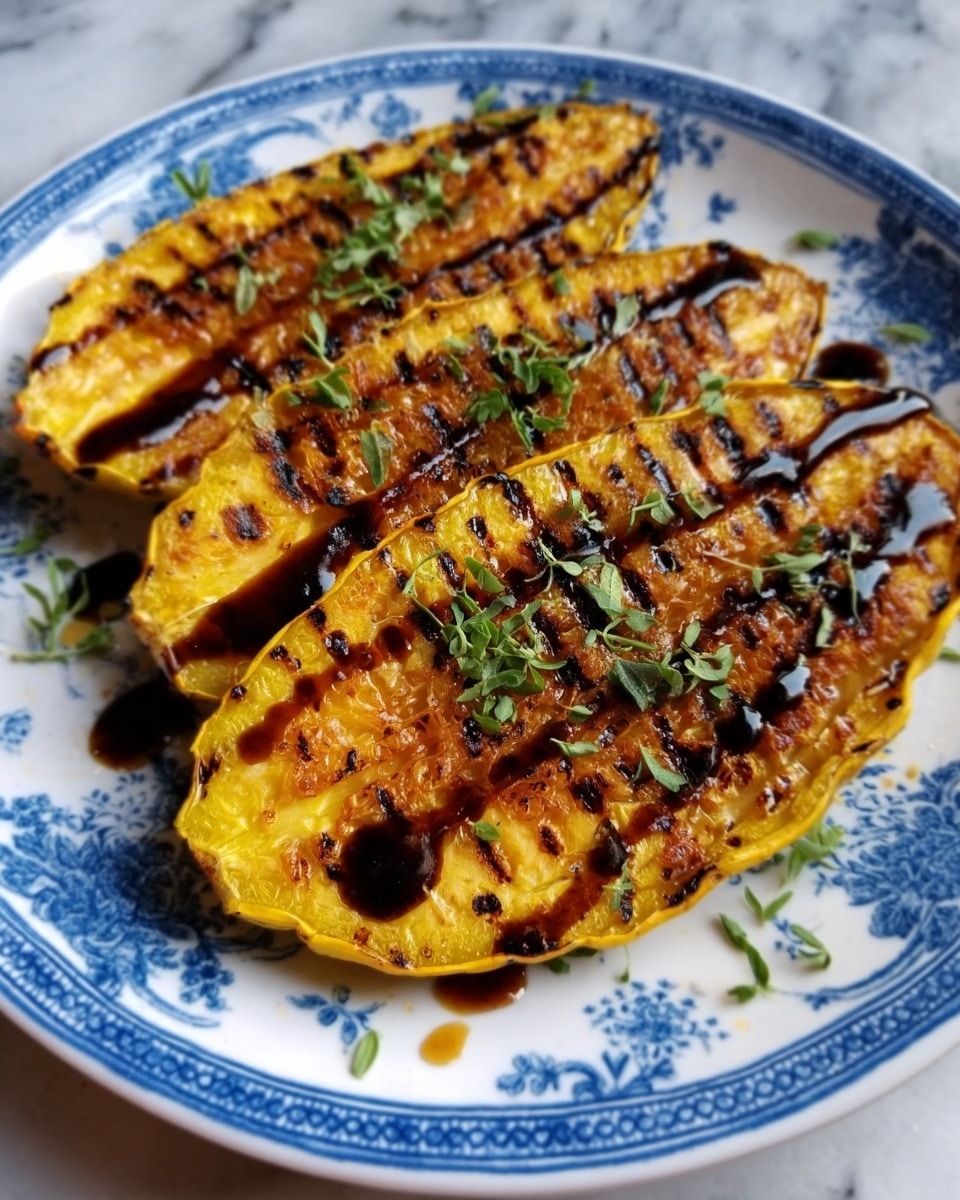 Three pieces of grilled yellow squash are placed on a white plate with blue patterns. Each slice shows grill marks and has a dark brown sauce drizzled in thin lines across the top. Small green herb leaves are sprinkled over the squash, adding a fresh touch. The plate sits on a white marbled surface. photo taken with an iphone --ar 4:5 --v 7