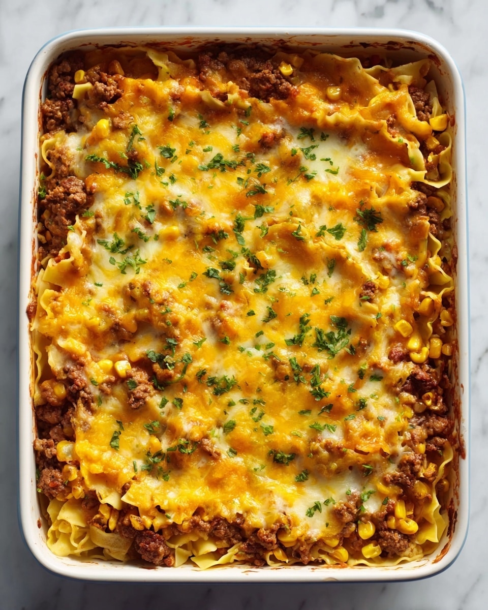 A white rectangular dish filled with a layered casserole. The bottom layer consists of flat pasta noodles fitting neatly inside the dish. On top of the noodles is a mix of cooked ground meat and corn kernels spread evenly. The top layer is melted yellow cheese that covers the meat and corn, with some small green herbs sprinkled across the surface. The cheese looks soft with a slightly oily shine. The dish is placed on a white marbled surface. photo taken with an iphone --ar 4:5 --v 7