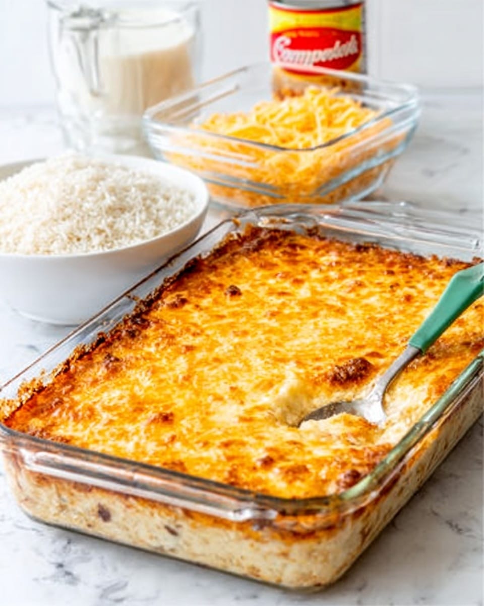 The image shows a close-up of a cheesy casserole dish served on a white plate, with a white marbled surface background. The casserole has several visible layers: a base of cooked rice mixed with small bits of browned ground meat and tiny pieces of red tomato, all mixed evenly. On top, there is a thick layer of melted yellow cheddar cheese, soft and slightly shiny, covering the entire dish. The texture looks rich and creamy with some crunchy browned spots on the cheese layer. Photo taken with an iphone --ar 4:5 --v 7