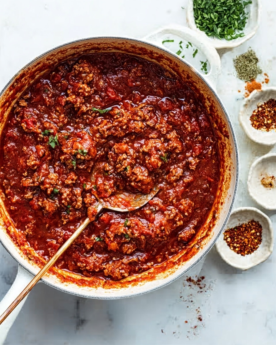 A white pan filled with a thick, rich, dark red tomato sauce mixed with ground meat, showing a chunky texture with small bits of herbs spread throughout. A spoon rests inside the sauce on the right side, slightly dipped in the mixture. Around the pan, there are small white dishes with green herbs and red spices, all placed on a white marbled surface. The sauce looks hearty and savory, with a glossy finish from the cooked tomatoes and meat. photo taken with an iphone --ar 4:5 --v 7