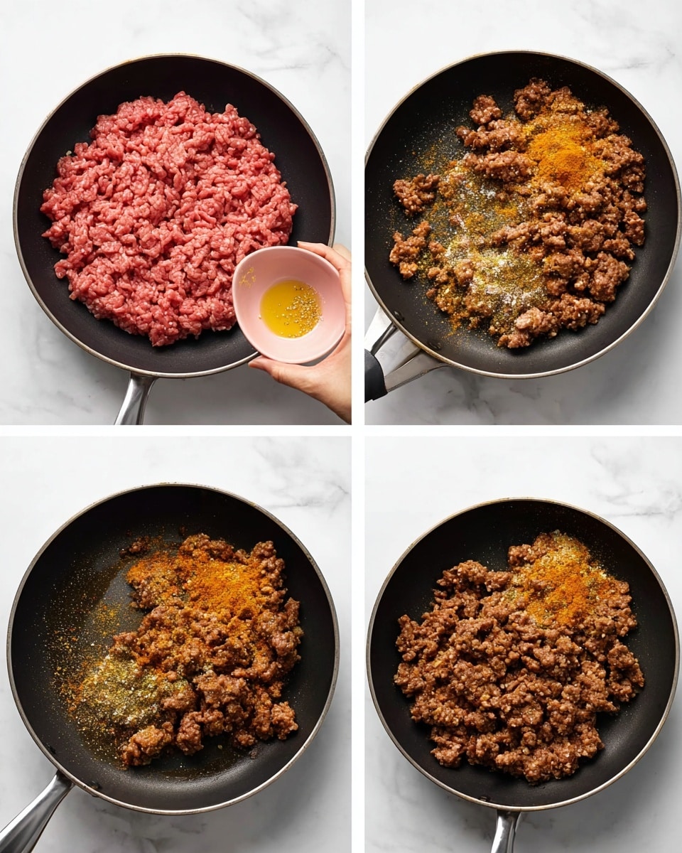 The image shows four steps of cooking ground meat in a black pan on a white marbled surface. The first step has a thick layer of raw pink ground meat covering most of the pan. The second step shows a woman's hand holding a small pink bowl with yellow and white spices over the meat. In the third step, the spices are sprinkled over the meat, making the top layer a mix of pink and yellow-orange colors with specks of white. The final step shows the meat fully cooked with a brown and slightly crumbly texture spread evenly in the pan. Photo taken with an iphone --ar 4:5 --v 7