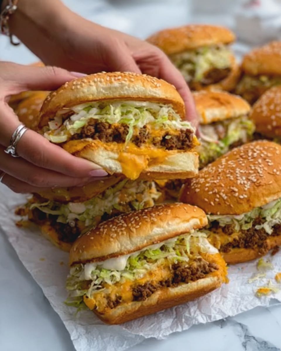 The image shows several sesame seed burger buns filled with layered ingredients. Each sandwich has a bottom bun, a layer of cooked ground beef with a brown color and crumbly texture, topped with melted yellow-orange cheese that softly drapes over the meat. Above the cheese is a soft layer of shredded pale green lettuce adding freshness, covered with a light creamy sauce. The top bun with sesame seeds sits on the top, completing the sandwich. The sandwiches are arranged on white paper on a white marbled surface. Two woman's hands are holding and pulling apart one sandwich, showing the colorful, layered inside clearly. Photo taken with an iphone --ar 4:5 --v 7