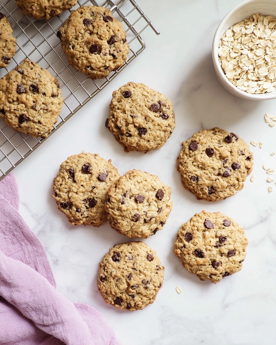 A group of round oatmeal cookies with chocolate chips scattered on their rough, grainy surfaces are placed on a white marbled tabletop. Seven cookies lie directly on the surface in a loose circle, showing their light brown color and coarse, crumbly texture, while four more cookies rest on a silver cooling rack to the left. Near the top right corner, a small white bowl filled with dry rolled oats adds a flat, pale yellow contrast. A piece of light purple cloth peeks in at the bottom left corner. The whole scene has soft natural lighting, creating gentle shadows and highlighting the texture of the cookies photo taken with an iphone --ar 4:5 --v 7