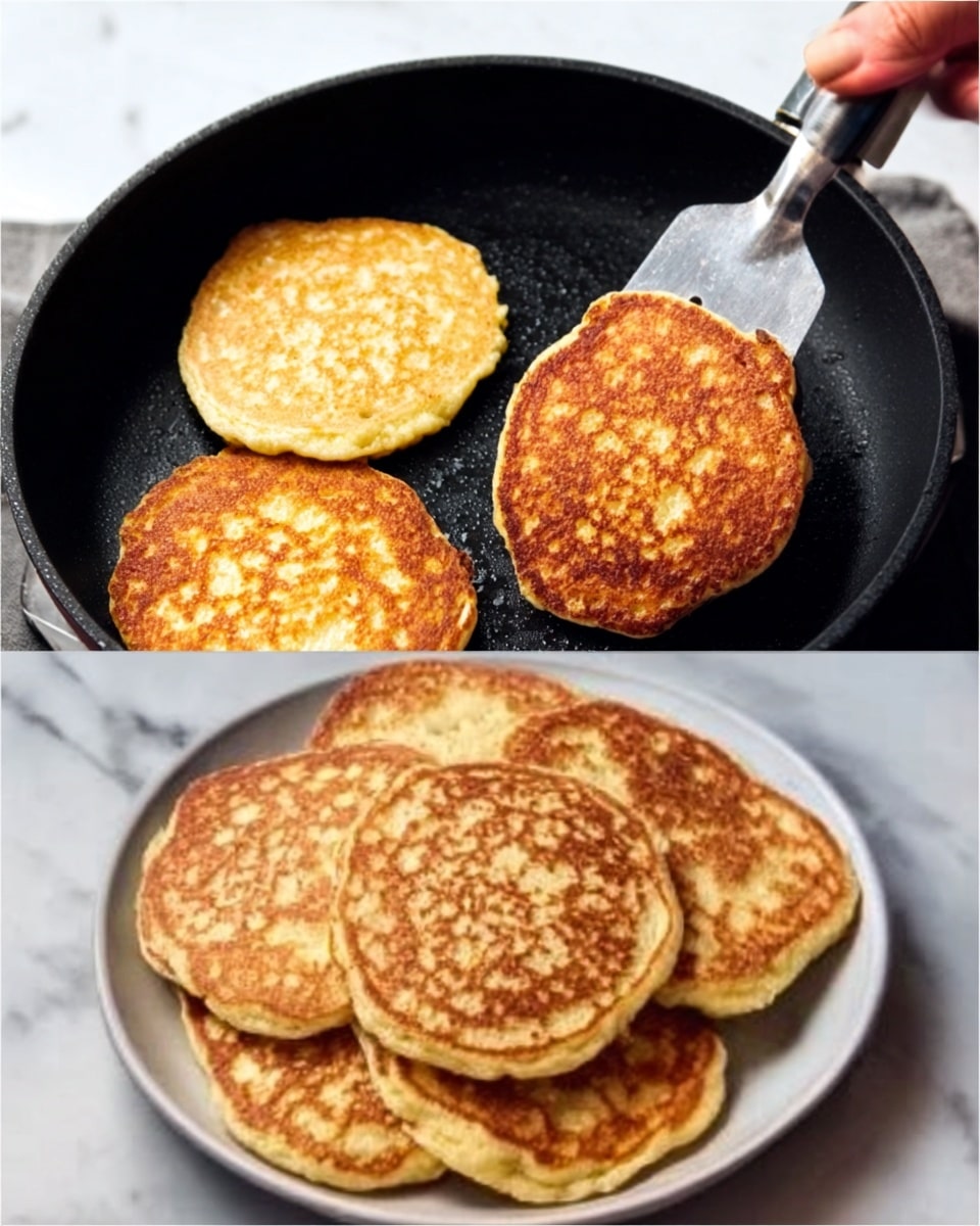 A black non-stick frying pan on a white marbled surface with four golden brown pancakes cooking evenly, one pancake being lifted by a silver spatula held by a woman's hand. Below, a white plate filled with a pile of similar golden brown pancakes, showing a soft, slightly textured surface with small browned spots and edges that look slightly crispy. Photo taken with an iphone --ar 4:5 --v 7