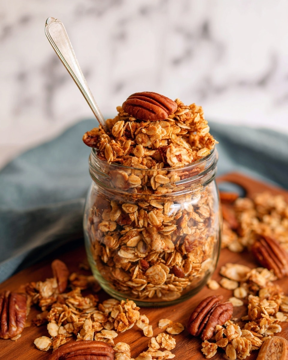 A glass jar filled and overflowing with clusters of golden brown granola mixed with whole pecans. The granola has a crunchy texture with oats and nuts clearly visible, some pecans rest on top while others are mixed inside the jar. A silver spoon sticks out from the granola inside the jar. The jar is placed on a wooden surface with scattered granola and pecans around it, against a background of a white marbled texture. Photo taken with an iphone --ar 4:5 --v 7