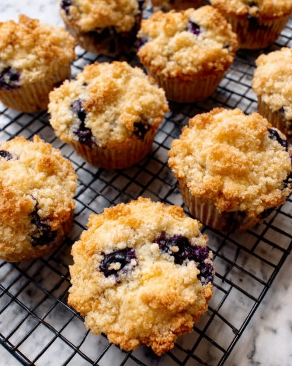 The image shows a close-up view of multiple golden brown muffins with a crumbly, textured top layer, dotted with dark blueberries visible within each muffin. They are arranged closely on a cooling rack made of thin black metal bars, placed over a white marbled surface. The muffins have a soft, fluffy-looking inside layer and a slightly crisp, textured crumb topping that adds a rough contrast to the smooth muffin base. The overall color palette combines warm golden browns and deep purples from the blueberries, with the clean white marbled background enhancing the baked goods' vibrant tones. photo taken with an iphone --ar 4:5 --v 7