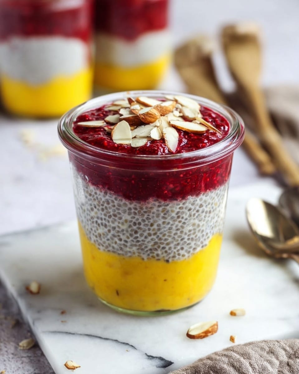 A clear glass jar shows three layers of dessert standing on a white marbled surface. The bottom layer is bright yellow and smooth, likely mango puree. The middle layer is white with tiny black chia seeds suspended in a creamy texture. The top layer is a deep red raspberry mixture with a glossy, slightly chunky surface. On top, there are small pieces of chopped almonds scattered. The background is softly blurred with other jars and utensils visible. Photo taken with an iphone --ar 4:5 --v 7