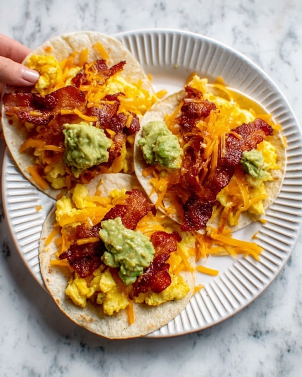 The image shows three soft flour tortillas on a white plate with ridged edges, placed on a white marbled surface. Each tortilla has three layers: the bottom layer is cooked scrambled eggs with a soft texture and yellow color, the middle layer is crispy bacon strips placed diagonally, and the top layer is shredded orange cheddar cheese melted slightly. On top of the cheese, there is a dollop of light green guacamole. A woman's hand is reaching from the top left corner, touching the edge of the left tortilla. Photo taken with an iphone --ar 4:5 --v 7