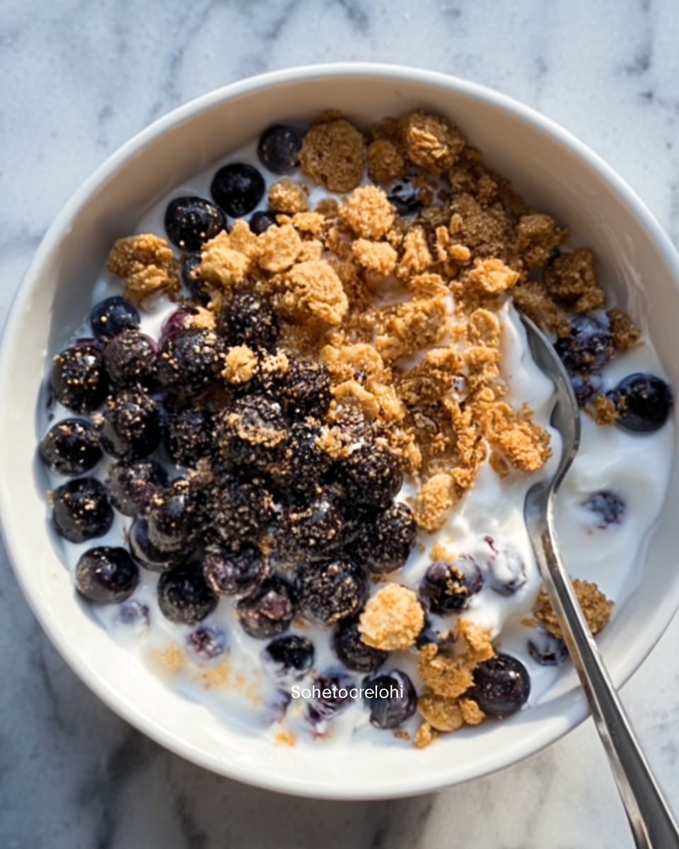 A white bowl filled with layers starting from creamy yogurt at the bottom, topped with a generous layer of deep blue blueberries scattered unevenly, followed by clusters of light brown granola sprinkled on top. A spoon is resting inside the bowl on the right side. The bowl sits on a white marbled surface. photo taken with an iphone --ar 4:5 --v 7