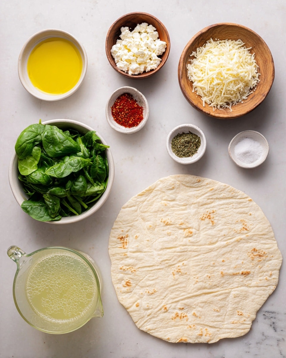 The image shows ingredients arranged neatly on a white marbled surface, ready to make a dish. On the right, there is a large flat sheet of light beige flatbread with a soft texture and patterned markings. To the left, there are several small bowls: at the top, a wooden bowl with golden olive oil, a smaller wooden bowl with white powder, a wooden bowl holding crumbled white cheese, a bowl filled with bright green fresh spinach leaves, a bowl with shredded white cheese, and a small white bowl containing dried green herbs. Slightly below, a small white dish holds salt and black pepper side by side. In the bottom left corner, there is a clear glass measuring cup filled with pale yellow lemon juice, with some bubbles on the surface. The items are evenly spaced, creating a visually organized display photo taken with an iphone --ar 4:5 --v 7
