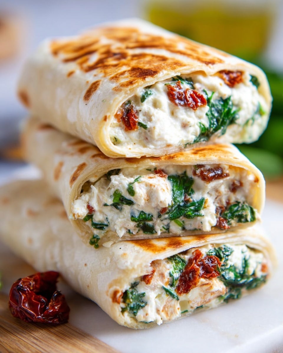 Three grilled wraps are stacked on a white marbled surface, with the top wrap cut in half showing three visible layers inside: a light golden toasted tortilla wrap as the outer layer, a creamy white cheese layer with a soft and crumbly texture in the middle, and a mix of dark green spinach and bits of orange-brown sun-dried tomato as the innermost layer. The wraps have a warm, slightly crispy surface with a few brown spots. A small sun-dried tomato piece lies near the base of the stack. The background is softly blurred with hints of light green and yellow tones. photo taken with an iphone --ar 4:5 --v 7