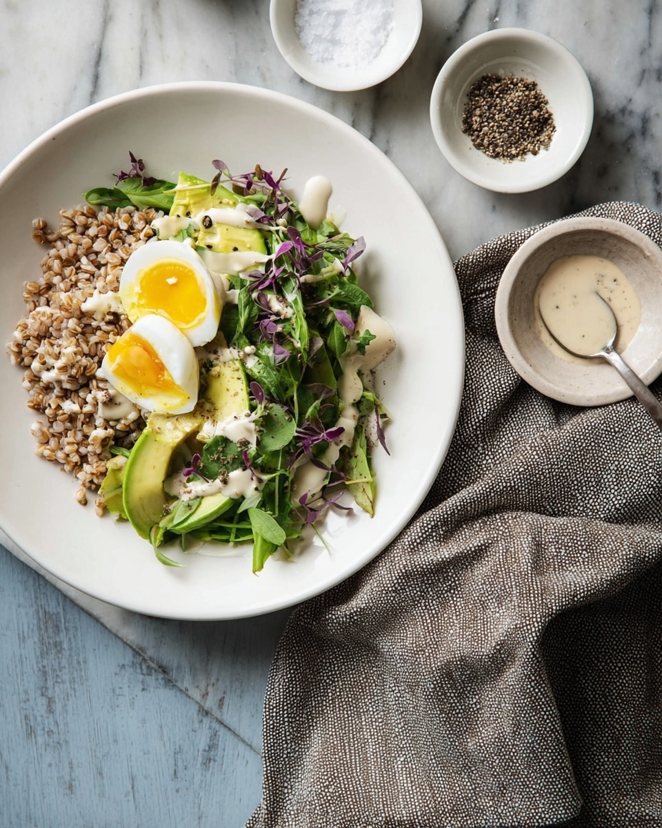 A white plate filled with a dish that has three main layers: the bottom layer is a bed of light brown grains, the middle layer consists of bright green leafy vegetables and slices of light green avocado, and the top layer includes a halved soft-boiled egg with a yellow yolk, all drizzled with a creamy white sauce and sprinkled with small purple leaves. The plate is set on a white marbled surface with a textured gray cloth folded beside it, accompanied by two small white bowls, one with black pepper and the other with coarse sea salt. Photo taken with an iphone --ar 4:5 --v 7