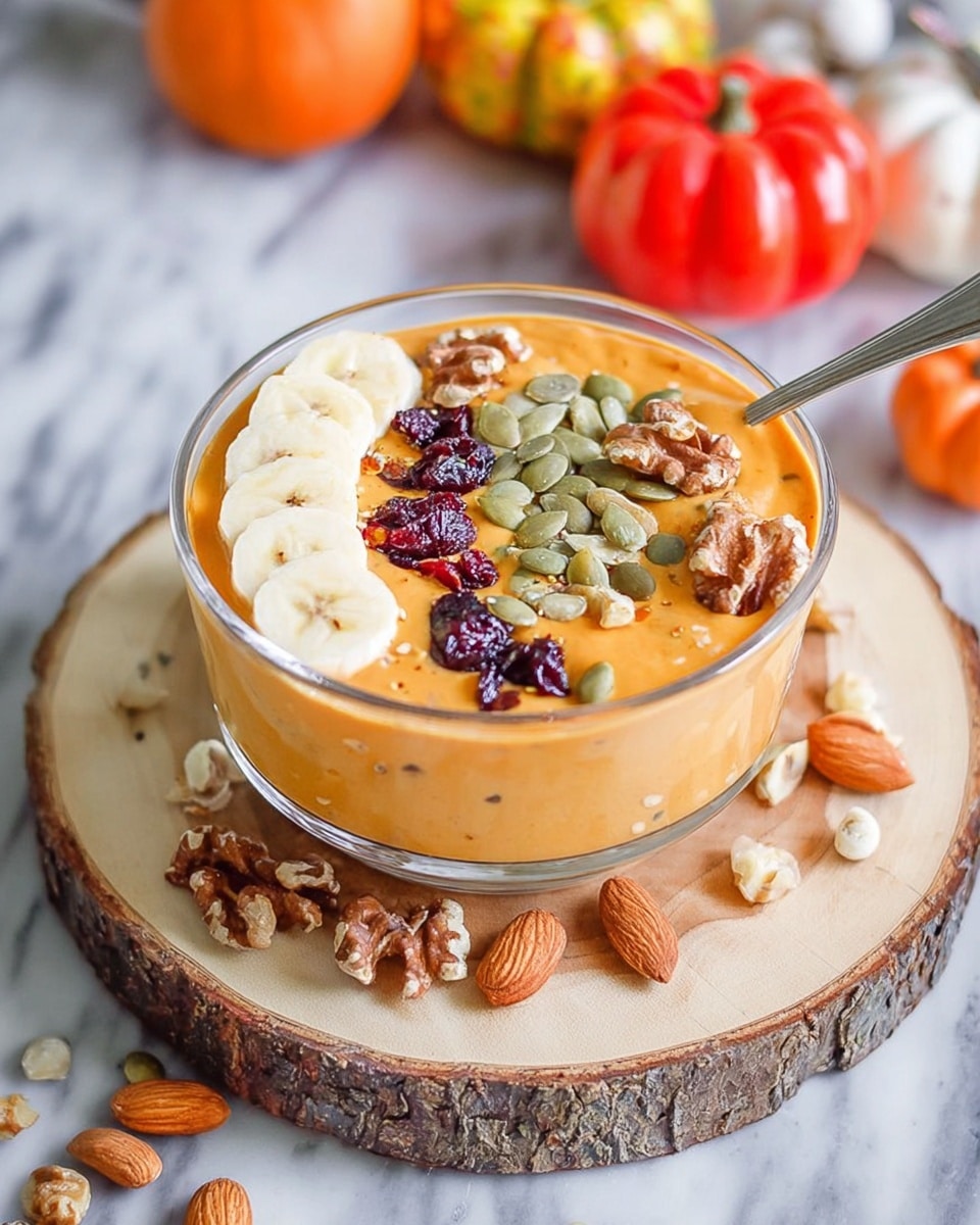 A clear glass bowl holds a smooth, orange-colored base that looks creamy and thick. On top, there are two different topping sections: one side has a neat row of round, white banana slices with small brown specks, while the other side is covered with a mix of green pumpkin seeds, dark dried berries, and whole brown almonds and walnuts scattered on top. A silver spoon is partially dipped in the bowl on the left side. The bowl is placed on a round wooden platform with a bark edge, which is on a white marbled surface. Around the platform, there are a few almonds, walnuts, pumpkin seeds, and dried berries scattered. In the background, there are small orange, red, and yellow decorative pumpkins that add a fall feel. photo taken with an iphone --ar 4:5 --v 7