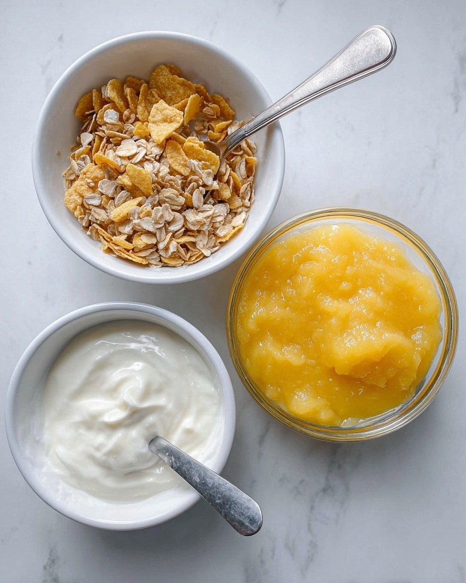 The image shows three bowls on a white marbled surface. The first white bowl holds a mix of golden corn flakes and light brown oats, with a silver spoon resting inside it. Next to it is a white bowl filled with smooth, white yogurt, slightly frothy on top, with a spoon dipped into it. The third bowl is clear glass and contains a bright yellow, thick applesauce with a spoon placed on the side. All bowls and spoons are clean and neat. Photo taken with an iphone --ar 4:5 --v 7