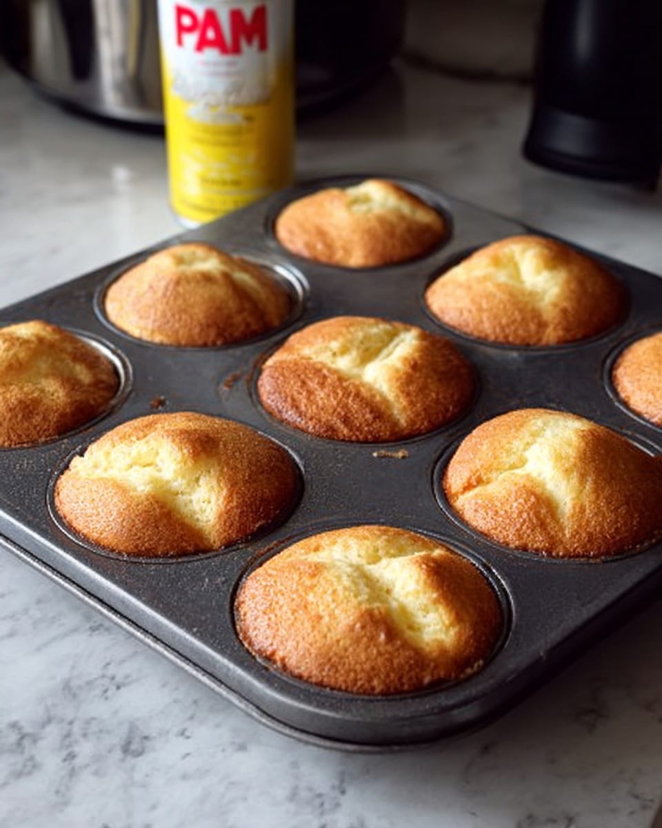 The image shows a metal muffin tray with six muffins inside, each muffin is golden brown with a soft, slightly bumpy top. The muffins have a light, airy texture in a round shape, rising above the edge of each muffin slot. The tray is on a white marbled surface. Behind the tray is a can of cooking spray and some kitchen items, but the main focus is on the evenly baked muffins. photo taken with an iphone --ar 4:5 --v 7