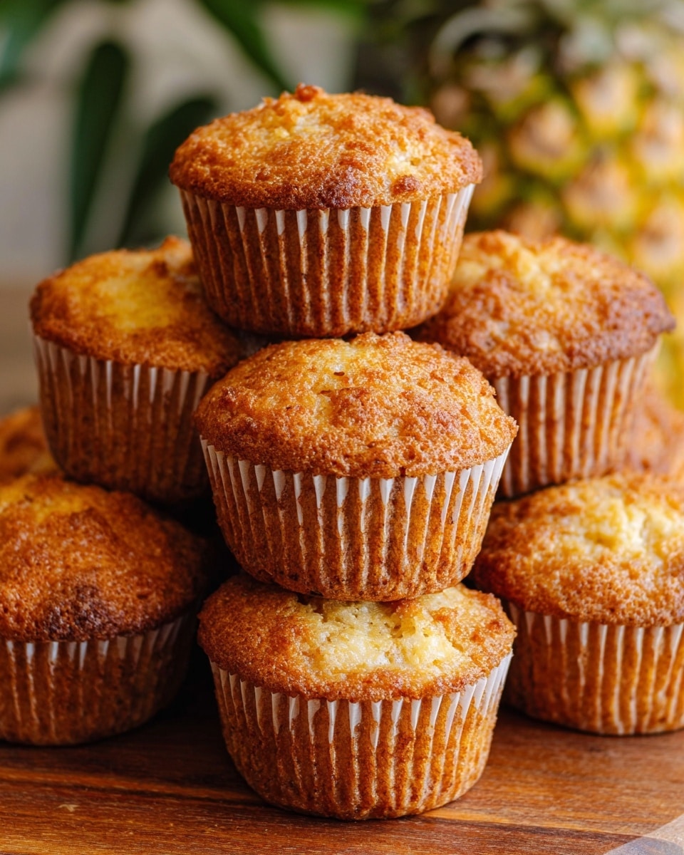 A close-up view of seven golden brown muffins stacked closely together on a wooden surface with a blurred background showing a pineapple. Each muffin has a slightly domed top with a textured, crumbly surface showing small pieces of light yellow fruit inside. They are wrapped in white paper liners with subtle ridges, and the muffins have a warm, baked texture with a mix of light and darker brown shades. Photo taken with an iphone --ar 4:5 --v 7
