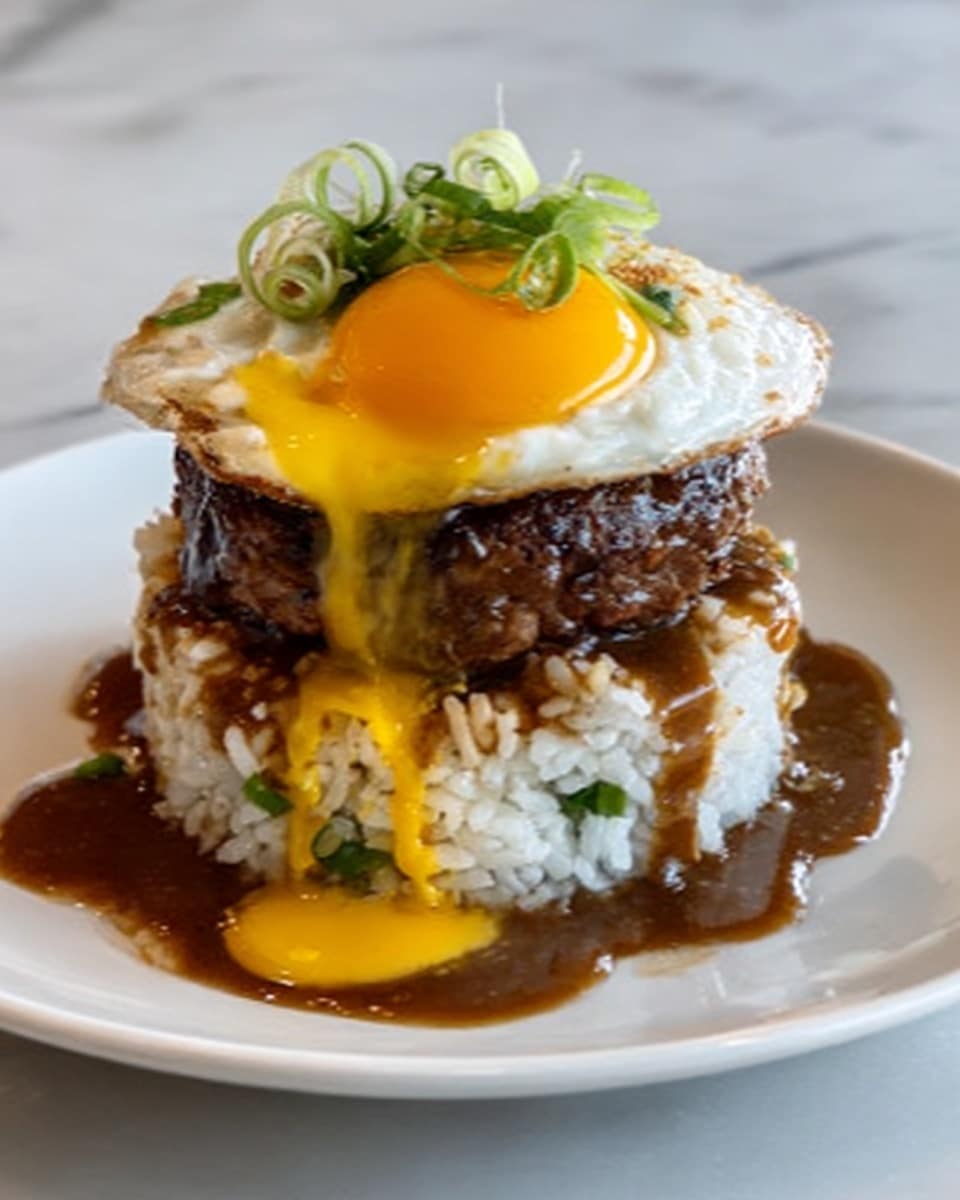 The image shows a tall stack of food on a white plate, placed on a white marbled surface. The bottom layer is a mix of white rice with small green pieces mixed in, topped with thick dark brown sauce dripping slightly. Above the rice sits a round, thick brown patty with a grilled texture. On top of the patty is a sunny side up egg with a bright yellow runny yolk and white edges. The stack is decorated with small green herbs and slices of green onion on top. Photo taken with an iphone --ar 4:5 --v 7
