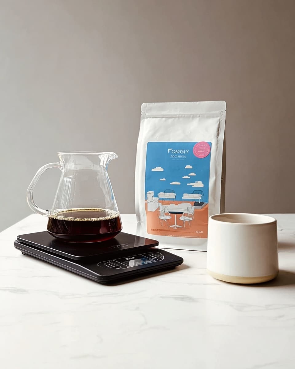 The image shows a clear glass pitcher with a small amount of dark brown coffee inside, sitting on a black digital scale with buttons and a display. Behind it is a white bag of coffee with a colorful label featuring a blue sky, white table, and three modern white chairs, along with a round pink sticker on the right side. To the right of the coffee bag is a plain white cup with a slightly rounded shape. All these items are placed on a white marbled surface with a plain light gray wall in the background. Photo taken with an iphone --ar 4:5 --v 7
