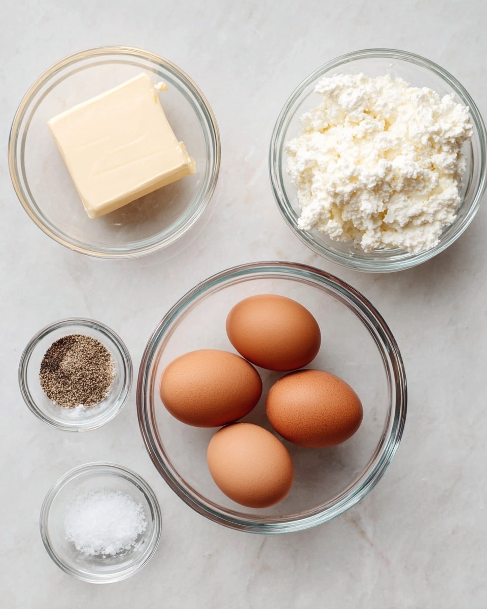 Four brown eggs sit in a clear glass bowl at the center on a white marbled surface. To the top right, a glass bowl holds white cottage cheese with a lumpy texture. At the top left, another glass bowl contains a square piece of pale yellow butter. In the bottom left corner, a small glass bowl has a mix of coarse salt and black pepper. All bowls are clear glass, and the setting has even, soft lighting. Photo taken with an iphone --ar 4:5 --v 7