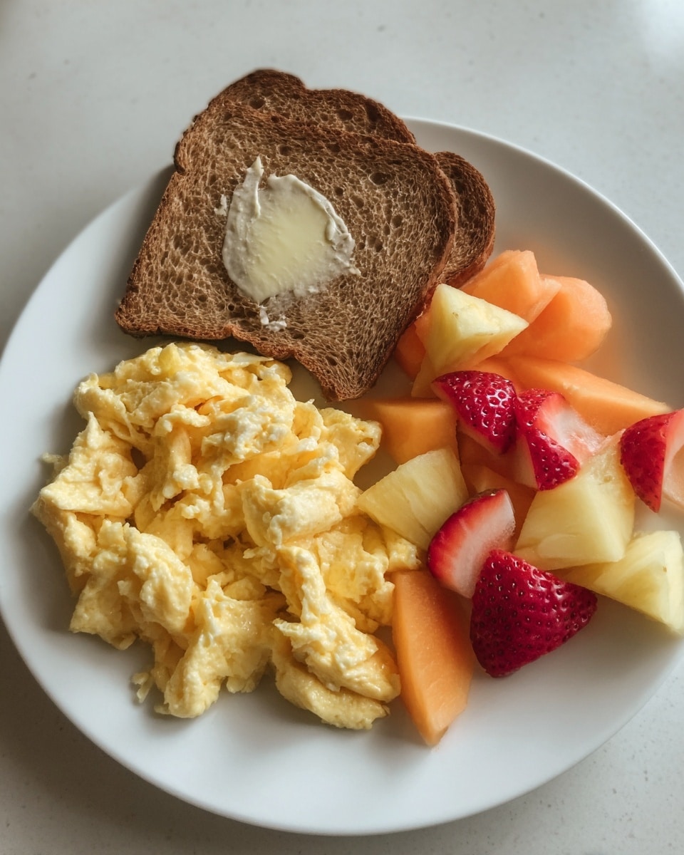 A white plate holds a breakfast with three main parts: at the bottom left, there is a pile of soft, fluffy scrambled eggs in light yellow with some white parts mixed in, showing a slightly moist texture; at the top left, there is a slice of brown toast with an uneven, creamy spread of melting butter on top; on the right side, there is a colorful fresh fruit mix including orange cantaloupe triangular pieces, red strawberry halves with visible seeds, and yellow pineapple chunks, all arranged closely together. The plate sits on a white marbled surface. photo taken with an iphone --ar 4:5 --v 7