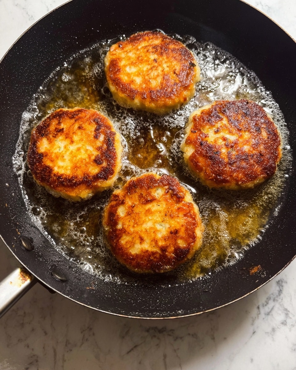 Four round, golden-brown patties with a crispy texture on top are frying in a black pan filled with bubbling oil. The patties have slightly uneven edges and a few lighter spots, showing a mix of cooked and soft areas. The pan sits on a white marbled surface. Photo taken with an iphone --ar 4:5 --v 7