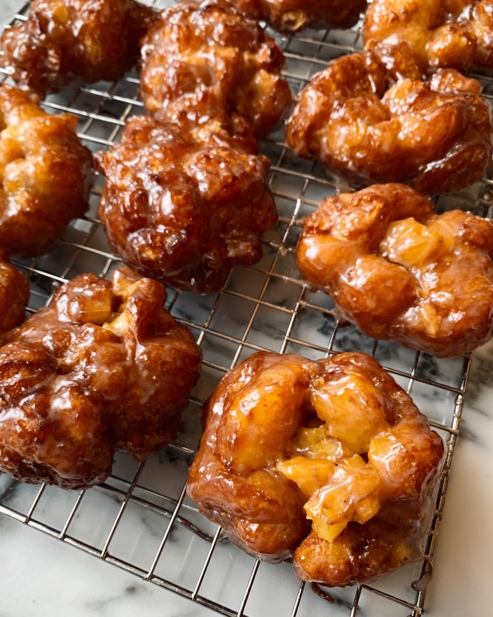 The image shows several pieces of round, glazed pastries arranged on a metal cooling rack. Each pastry has a bumpy and slightly uneven surface, with a shiny glaze coating that reflects light. The pastries are golden brown with darker caramelized spots, and some pieces of what appear to be fruit or nuts peek through the glaze. The cooling rack is placed on a white marbled surface, and the overall look is warm and inviting. Photo taken with an iphone --ar 4:5 --v 7