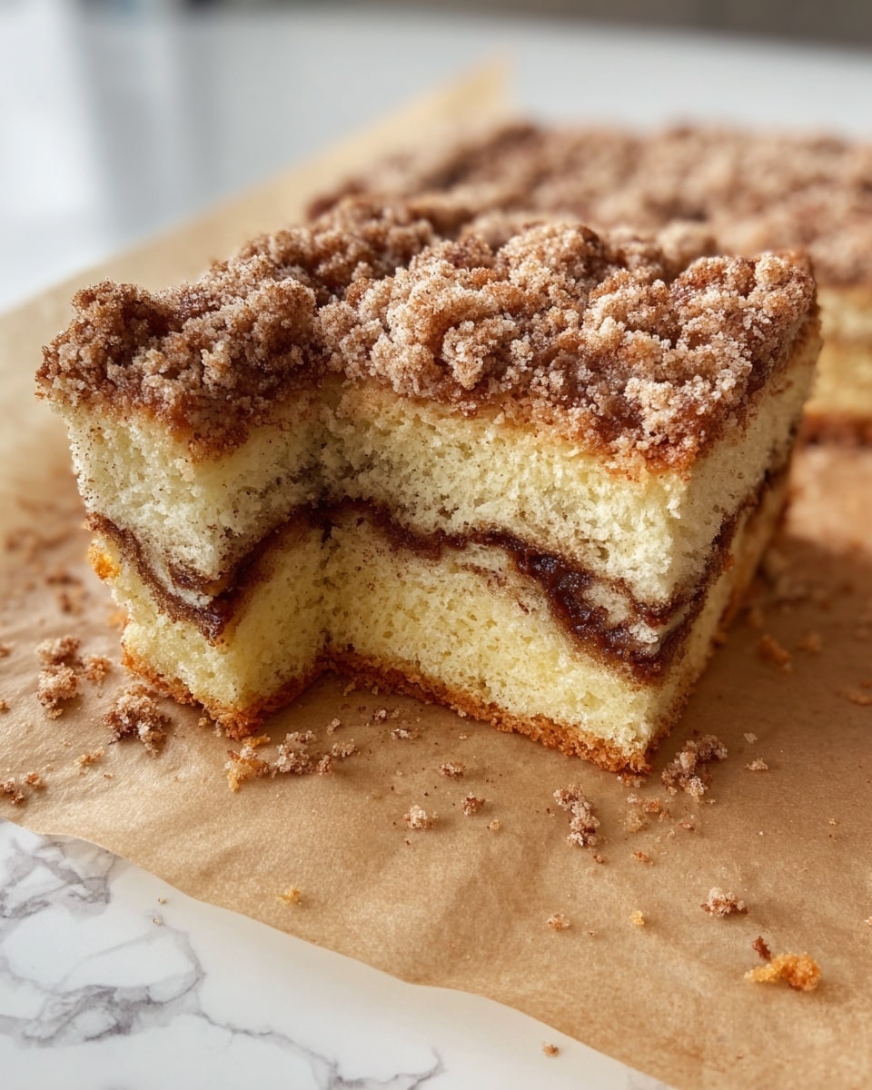 A square-shaped cake with three visible layers sits on parchment paper over a white marbled surface. The bottom and middle layers are a light yellow sponge cake with a soft and airy texture. Between the two sponge layers is a thin, dark brown cinnamon swirl. The top layer is a crumbly, uneven topping with a mix of light brown and darker brown pieces giving a rough texture. Some crumbs have fallen off onto the parchment paper. Photo taken with an iphone --ar 4:5 --v 7