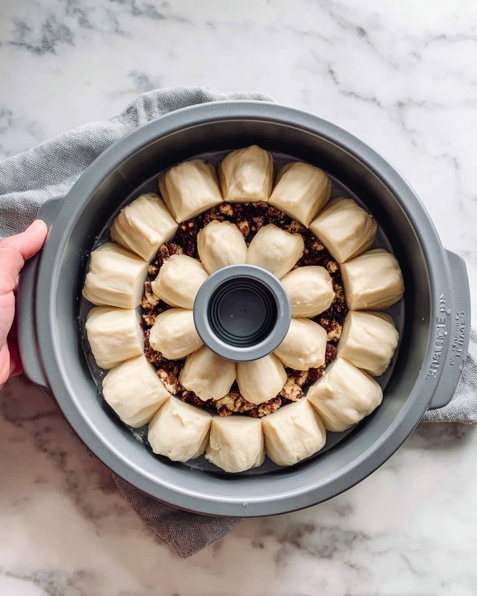 A close-up top view of a grey Bundt pan filled with dough pieces placed in a circular pattern inside the pan. The dough pieces are light beige with smooth texture and are spaced evenly around the center hole of the pan. Beneath the dough, there is a dark brown layer that looks like fruit or filling. The pan is placed on a white marbled surface, and a woman's hand is holding the side of the pan from the right side of the image. A grey cloth is partially visible next to the pan on the white marbled surface. photo taken with an iphone --ar 4:5 --v 7