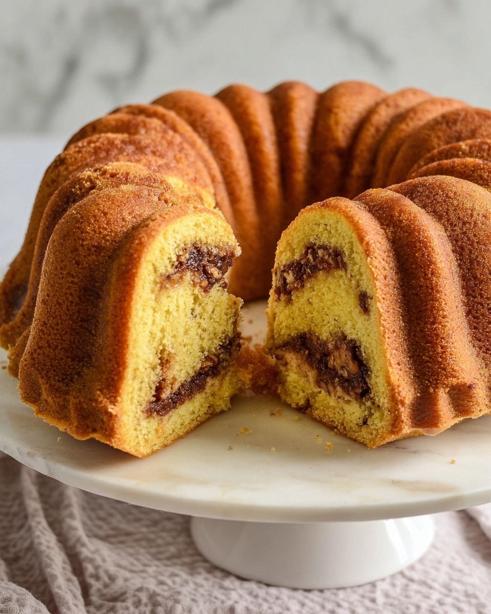 A round bundt cake with a golden brown outer crust sits on a white cake stand over a white marbled surface, with a slice taken out revealing two visible layers inside. The cake has a light yellow crumb texture, separated by two horizontal layers filled with dark brown cinnamon and chopped nuts, creating a distinct contrast against the soft yellow cake. The cake’s outer surface shows a slight shine and a gentle ridged pattern typical of bundt cakes, with some darker spots where the filling may have seeped. Photo taken with an iphone --ar 4:5 --v 7