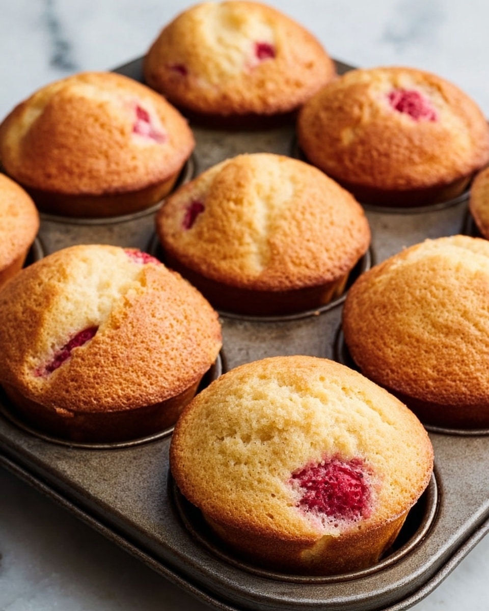 The image shows a dozen golden brown muffins arranged inside a dark metal muffin tray. Each muffin is rounded on top with a slightly rough texture, and some have visible pieces of red fruit like raspberries or strawberries embedded in the batter. The muffins look soft and fluffy with a light crust on the outside. The tray rests on a surface with a white marbled texture. photo taken with an iphone --ar 4:5 --v 7