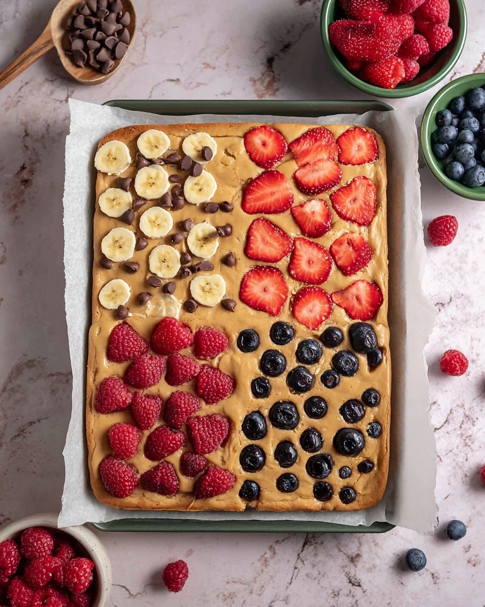 A rectangular baked dessert on white parchment paper covering a baking tray is divided visually into four sections, each topped with different fruits and chocolate chips. The top left section has a light golden base with round banana slices and small patches of peanut butter. The top right section shows the same base with bright red strawberry slices arranged closely. The bottom left section features fresh raspberries interspersed with semi-sweet chocolate chips on the golden crust. The bottom right section has glossy dark blueberries spread evenly, some slightly sinking into the crust. The tray rests on a white marbled surface with green and white bowls holding raspberries and blueberries nearby photo taken with an iphone --ar 4:5 --v 7
