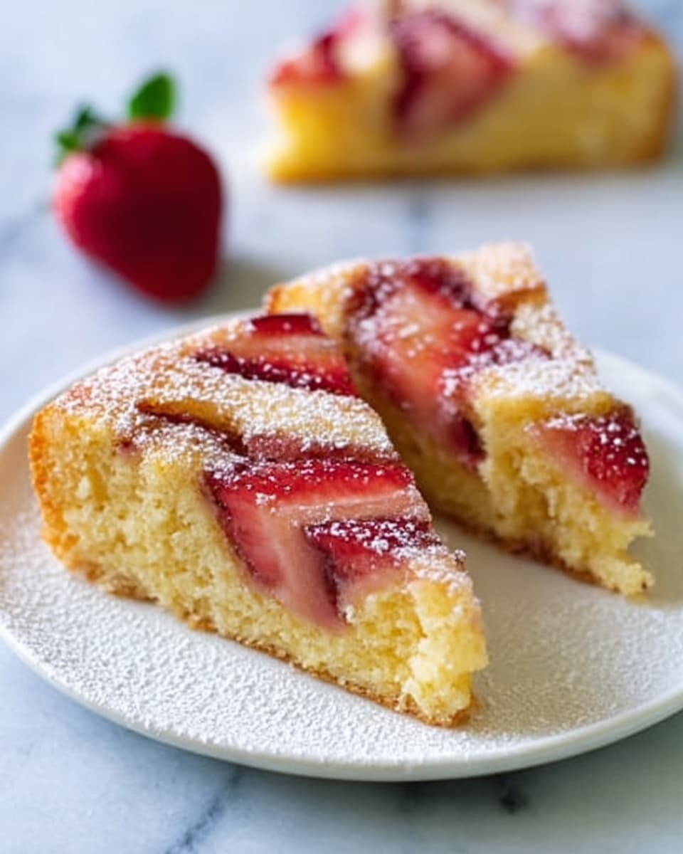 The image shows a white plate with two slices of strawberry cake. Each slice has a moist, light yellow crumb and is topped with fresh red strawberry slices. A fine layer of powdered sugar lightly dusts the top, giving a soft, snowy look. In the background, there is a whole red strawberry placed on the white marbled surface. The colors are soft and natural, with the plate and surface bright and clean. Photo taken with an iphone --ar 4:5 --v 7