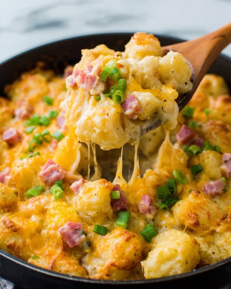 The image shows a close-up of a creamy dish with many small, soft potato cubes covered in melted bright yellow cheese. On top of the cheese, there are bits of pink ham scattered throughout and green sliced scallions adding a fresh touch. A wooden spoon is lifting a serving of the cheesy potatoes and ham, showing the thick, gooey texture of the cheese stretching a little. The dish is in a black pan on a white marbled surface. Photo taken with an iphone --ar 4:5 --v 7