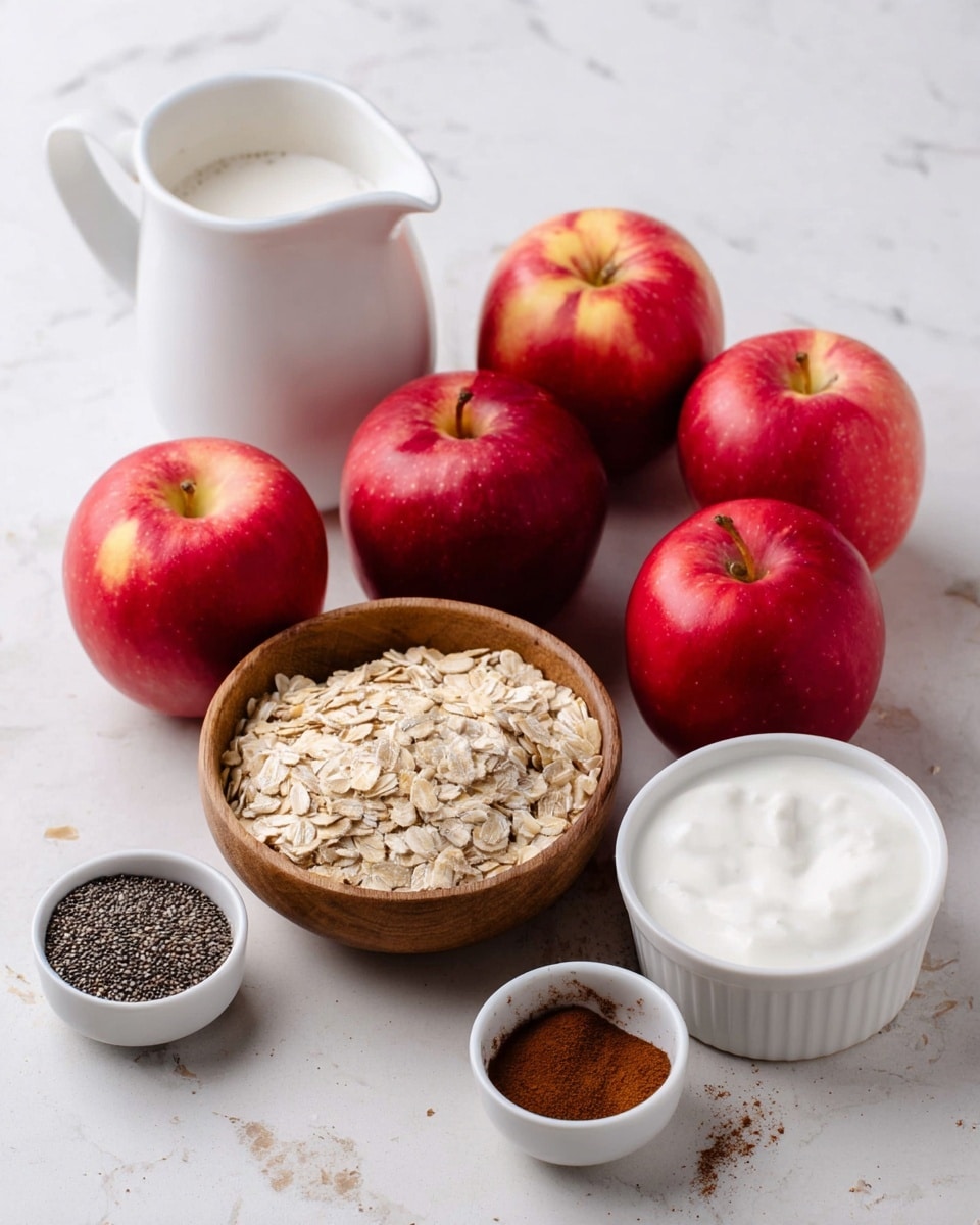The image shows ingredients for a recipe placed on a white marbled surface. There are five red apples, their shiny and smooth skin varying slightly in size. In front of the apples, a wooden bowl filled with beige rolled oats sits slightly to the right, with some oats scattered around it. To the left, a small white bowl holds black chia seeds, while another white bowl on the right contains brown ground cinnamon. Next to these is a white bowl with thick white yogurt, and behind it, a white jug filled with milk that has some foam on top. The setup is clean and simple, highlighting the natural colors and textures of the ingredients. photo taken with an iphone --ar 4:5 --v 7