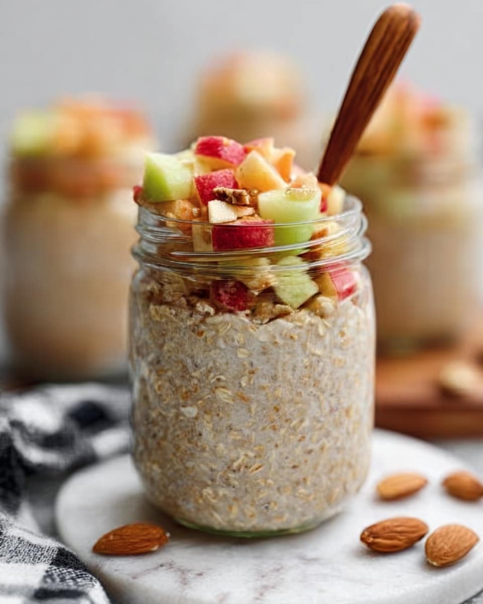 The image shows a clear glass jar filled with layered oatmeal. The bottom layer is a thick, creamy oatmeal with a slightly grainy texture in light beige color. On top, there is a layer of small, evenly chopped fruit pieces in red, green, and yellow colors, likely apple and melon. A wooden spoon is inserted into the jar from the right side. The jar is placed on a white marbled surface with a few almonds and a black and white checkered cloth near the base. In the background, there is a soft, blurred view of more jars filled with the same dish. The photo taken with an iphone --ar 4:5 --v 7