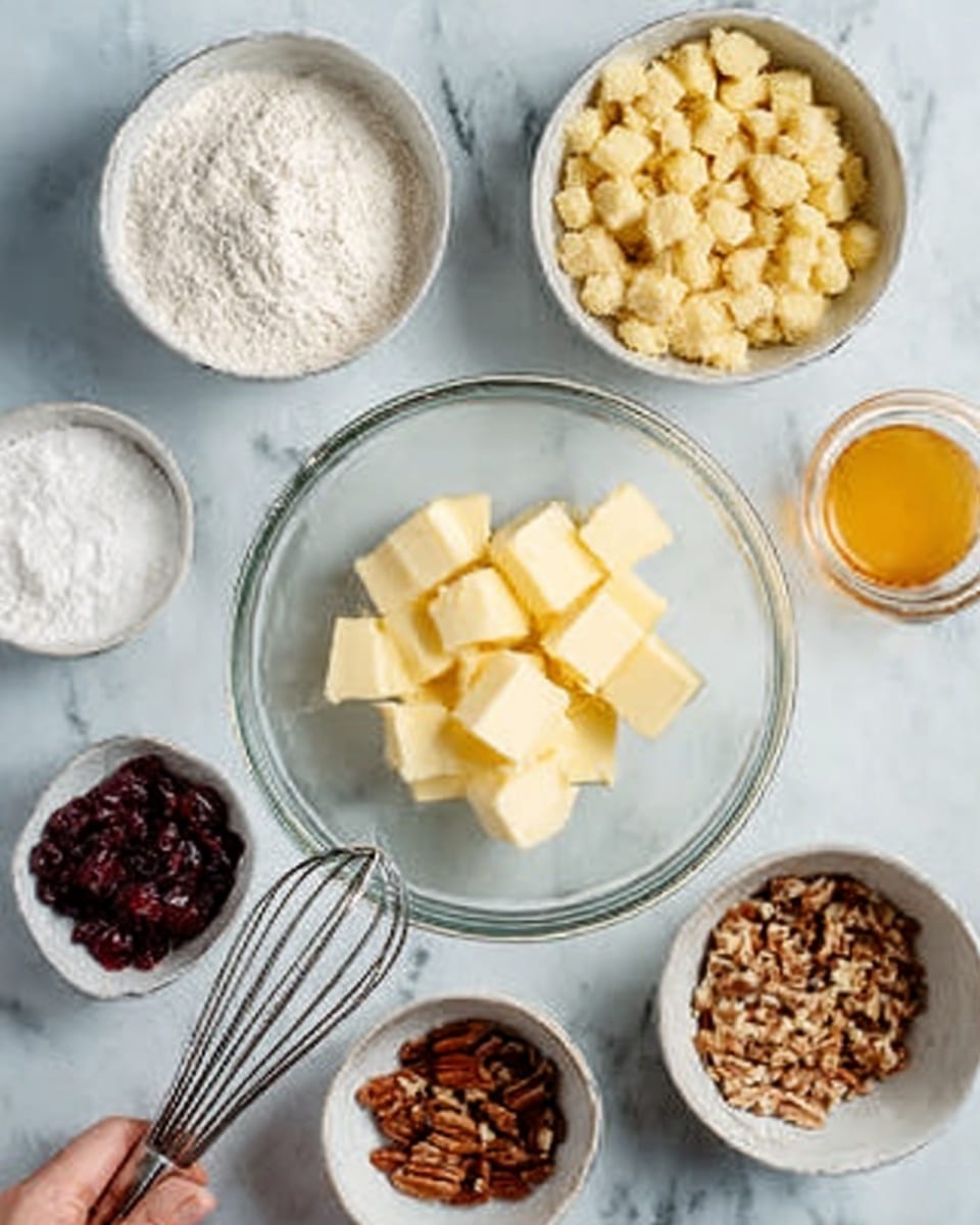 The image shows a white marble surface with several white bowls and a glass bowl arranged neatly. The glass bowl in the center contains square pieces of pale yellow butter. Around it, there is a white bowl filled with small golden chunks of what looks like dough or cooked cereal, a white bowl of white flour, one with granulated white sugar, a white bowl of dark red dried fruit pieces, and a white bowl of small brown chopped nuts. To the side, a woman's hand holds a metal whisk near the bowls. A small glass filled with a light liquid and a small bowl of orange liquid are also visible. photo taken with an iphone --ar 4:5 --v 7