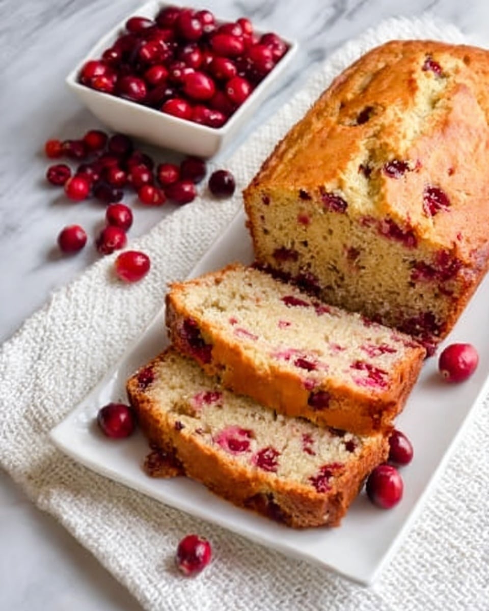 A loaf of cranberry bread is shown partially sliced on a white rectangular plate, with three slices laid out in front of the main loaf. The bread has a golden brown crust and a soft, light brown inside with visible red cranberries scattered throughout. On the top left side of the plate, a small square white bowl filled with fresh red cranberries is placed, with some loose cranberries scattered around on a white textured cloth beneath. The background is a white marbled surface. photo taken with an iphone --ar 4:5 --v 7
