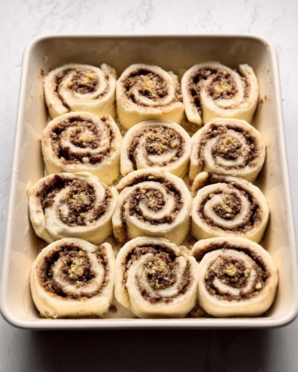 A white rectangular dish is filled with twelve unbaked pinwheel rolls arranged in three rows of four. Each roll is spiraled, showing layers of light beige dough with a darker brown filling that looks crumbly and textured, creating a clear swirl pattern in every piece. The rolls are placed closely together, filling the dish almost edge to edge. The background surface is a white marbled texture. Photo taken with an iphone --ar 4:5 --v 7