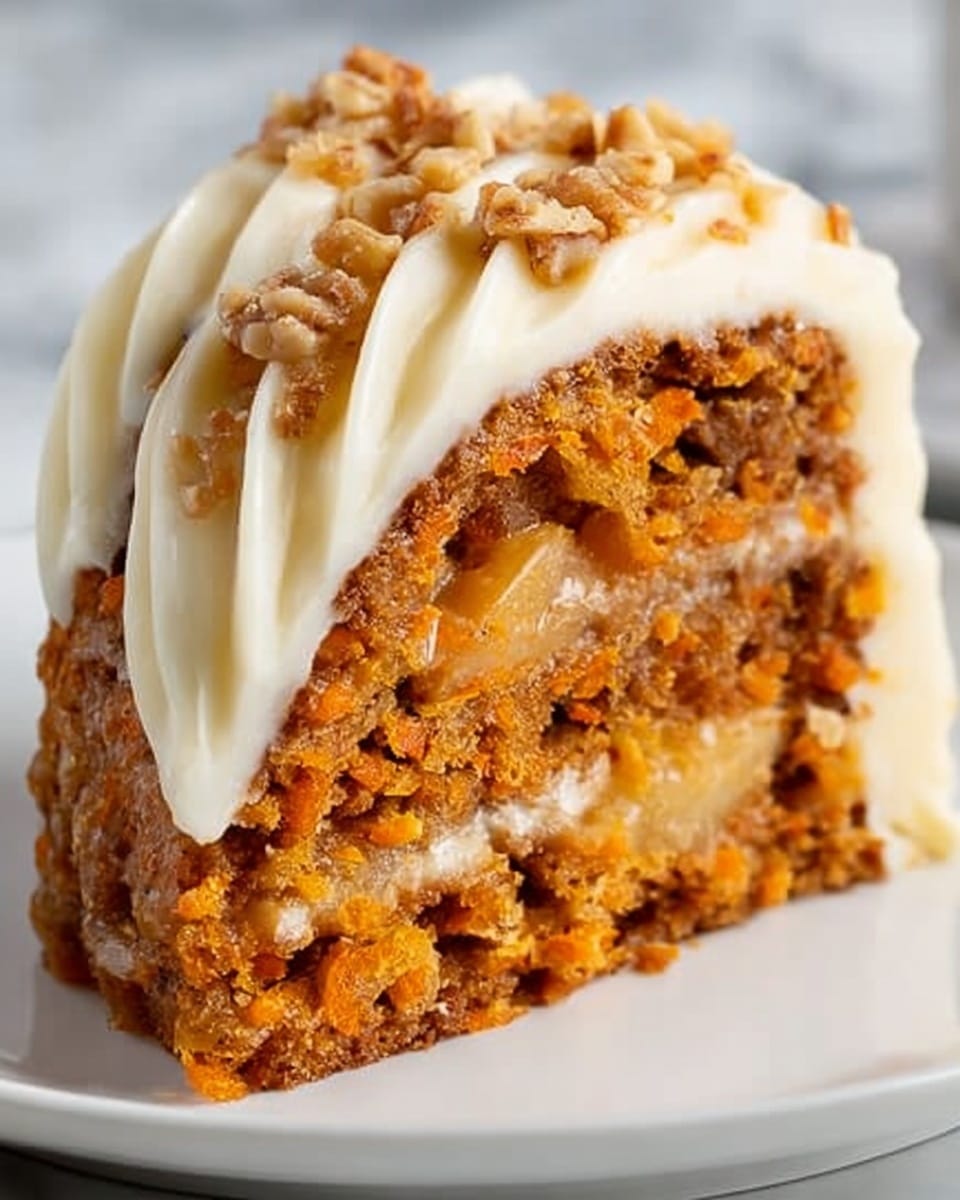 A close-up of a single slice of carrot cake on a white plate, showing three layers: the bottom and middle layers are moist, orange-brown cake with visible pieces of carrot and nuts, while the middle layer also has visible light creamy filling. The top layer is covered with a thick smooth white cream frosting, decorated with a swirl of the same frosting and small crunchy nut pieces sprinkled on top. The background is a white marbled surface. Photo taken with an iphone --ar 4:5 --v 7