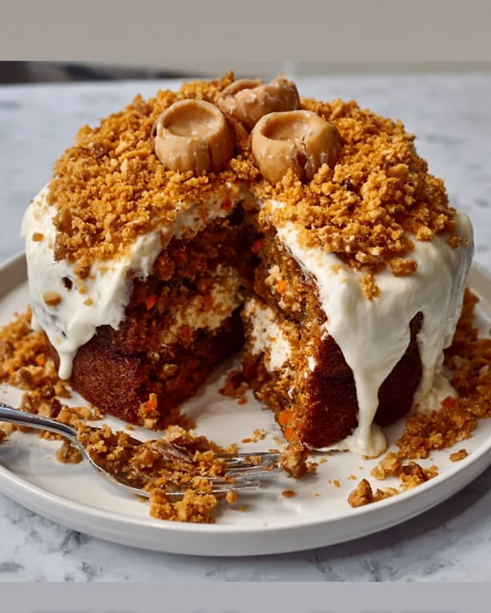A round carrot cake sliced in the center shows a moist, dark orange-brown inside with visible carrot pieces and nuts. The cake is covered in thick white cream cheese frosting that drips slightly down the sides. The top is decorated with crumbled golden-brown nut pieces all around and three whole nut halves in the center. The cake sits on a white plate over a white marbled surface. A woman's hand holds a silver fork near the cake. The image has a soft, natural light. photo taken with an iphone --ar 4:5 --v 7