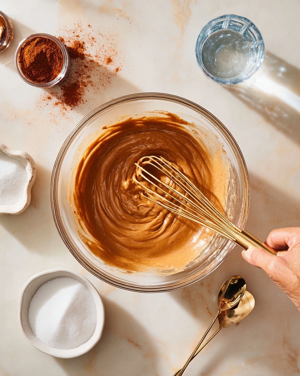 A clear glass bowl filled with a smooth, brown batter that shows soft, swirling patterns from being mixed. A woman's hand is holding a gold-colored whisk inside the bowl, stirring the batter. Around the bowl on a white marbled surface, there is an open small jar of reddish-brown spice with some of it spilled next to a silver measuring spoon, a white bowl filled with white sugar, a clear glass of water, and a gold spoon laying nearby. The light is bright, highlighting the texture and color of the batter and the kitchen items. photo taken with an iphone --ar 4:5 --v 7