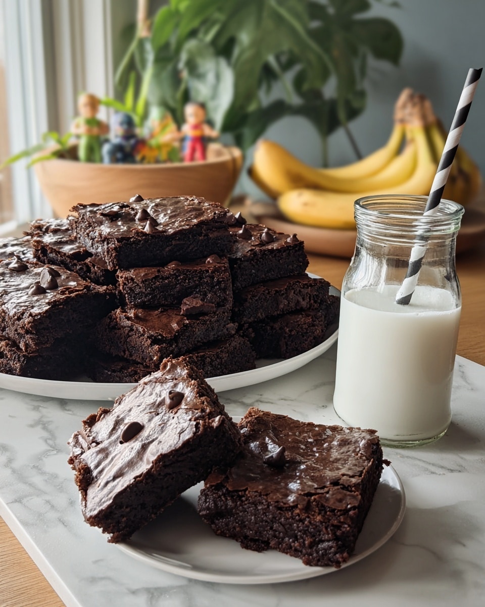 A stack of dark brown chocolate brownies with a glossy, slightly cracked top studded with chocolate chips is arranged on a white plate behind a round tray of more brownies, one piece lifted and leaning forward showing its dense inside. To the right, a small glass milk bottle filled nearly halfway with white milk and a black-and-white striped straw stands on a white marbled surface. In the blurred background, a wooden bowl holds bananas and other fruit, while green houseplants and small colorful figurines add a cozy touch. The lighting is natural and soft, highlighting the rich texture of the brownies. photo taken with an iphone --ar 4:5 --v 7