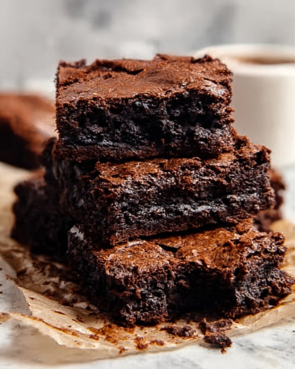 A stack of rich, dark brown brownies sits on crinkled parchment paper. The brownies are thick with a slightly cracked, shiny top layer showing a dense and fudgy texture inside. The stack has two visible layers of brownies, some cut into squares, with the edges appearing moist and soft. The background is a white marbled surface and a blurred white cup is visible behind the stack. Photo taken with an iphone --ar 4:5 --v 7